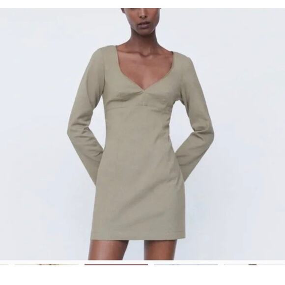Zara Womens Sweetheart Neckline A-Line Mini Dress Size M Long Sleeve With Slit - Picture 3 of 10